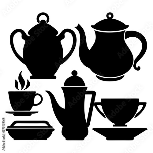 Black silhouettes of teapots and cups with steam teacup coffee pot