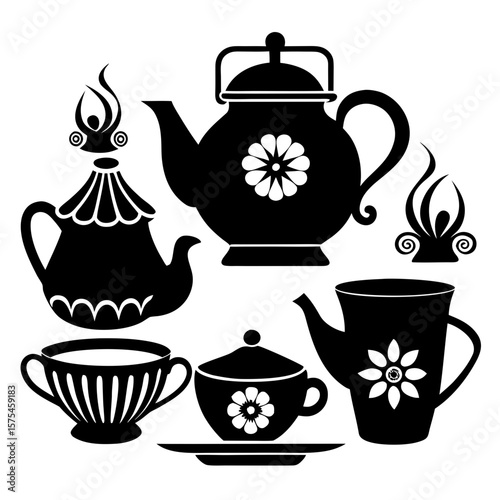 Black silhouettes of teapots cups and decorative elements teacup sugar bowl