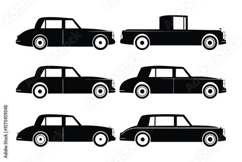 Classic Car Collection: A compilation of sleek, timeless vehicles in monochromatic silhouette, embodying elegance and vintage charm.