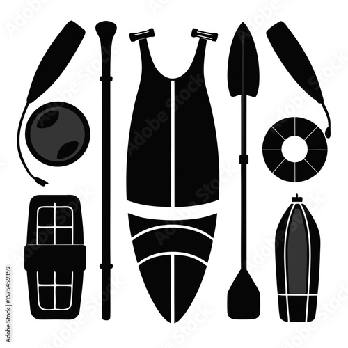 Black silhouettes of water sport equipment arranged symmetrically water sports white