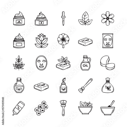Assortment of beauty and skincare products in line drawing set of icon