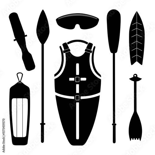 Black silhouettes of water sports equipment including paddles life vest surfboard and goggles