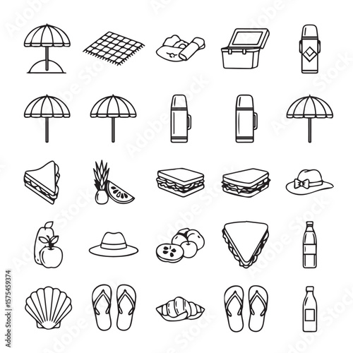 Outlines of items for a day at the beach and a picnic meal set of icon