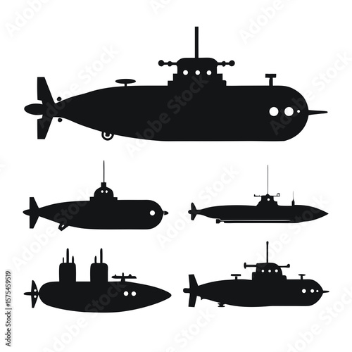 Black submarine silhouettes various sizes and designs underwater naval