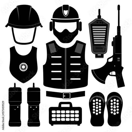 Black tactical gear and equipment collection police equipment army gear