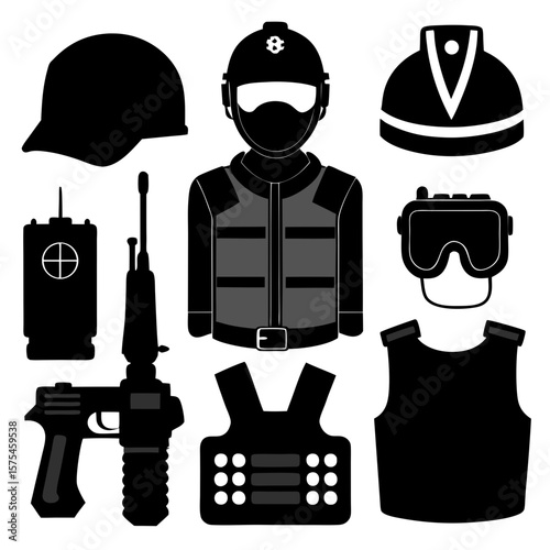 Black tactical gear and equipment silhouettes police army