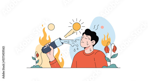 Using a fire extinguisher to put out a small blaze with flames and smoke affecting a person and surrounding plants outdoors