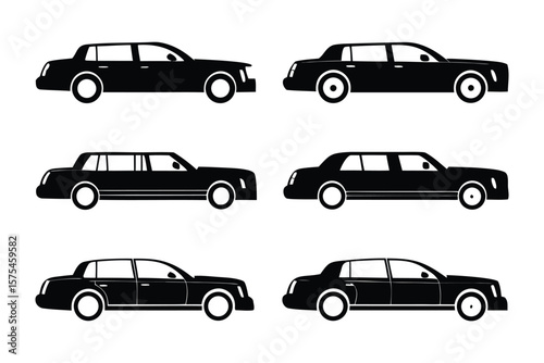 Elegant Fleet of Sedans: A stylish arrangement of six sophisticated black sedans, each displaying sleek designs and the essence of luxury transportation.