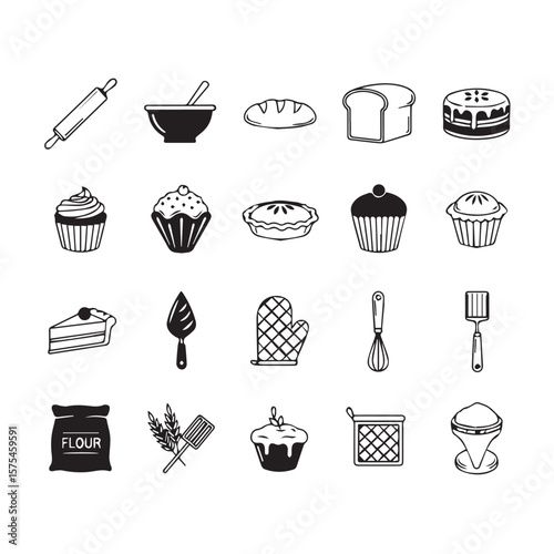 Collection of baking goods and kitchen tools in black lines set of icon