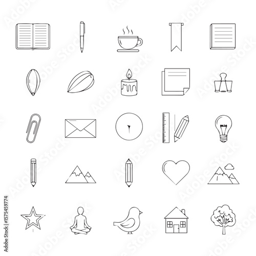 Collection of various outline style drawings on white page set of icon