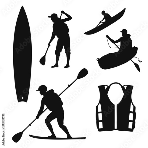 Black silhouettes water sports equipment and people