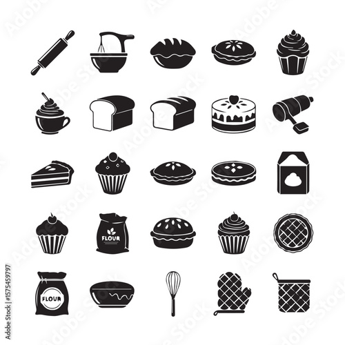 Collection of baking related graphic elements in black color set of icon