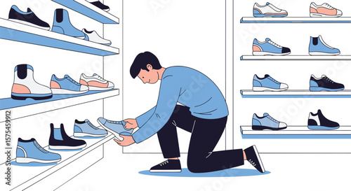 Man kneeling down looking at shoes on a shelf in a shoe store selecting a pair of footwear for purchase