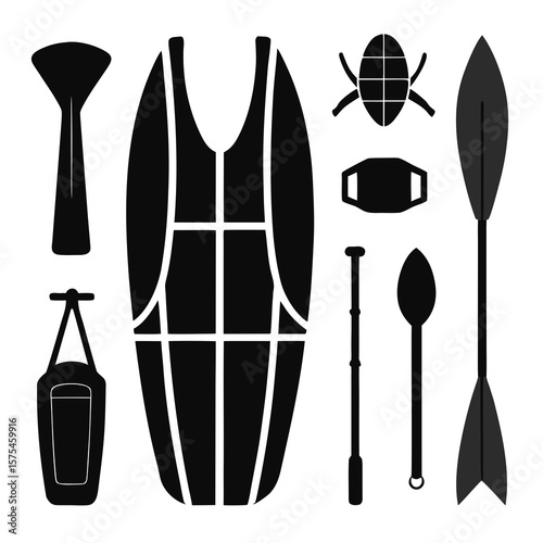 Black water sport equipment silhouettes including paddles and life vest vector
