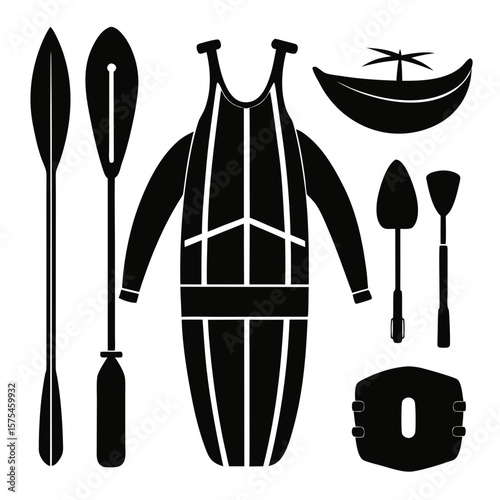 Black water sport equipment silhouettes including paddles life vest kayak and surfboard