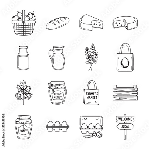 Collection of farm fresh produce and market goods drawing set of icon