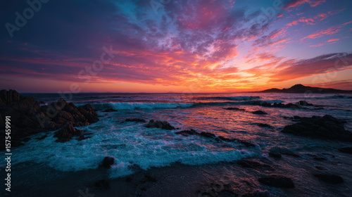 A breathtaking sunset over the ocean, with vibrant colors and crashing waves on a rocky beach.