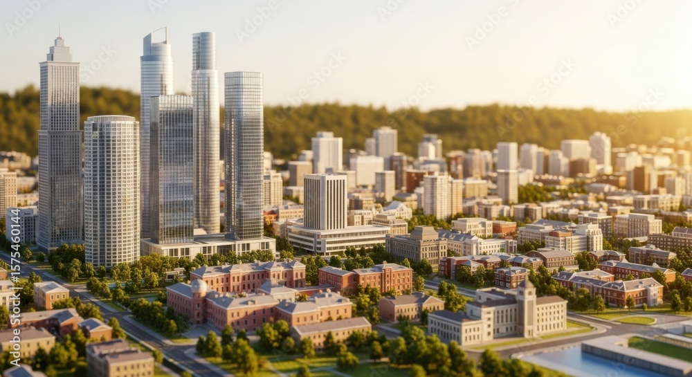Obraz premium Modern City Skyline with Tall Skyscrapers and Residential Buildings in Bright Sunset Light