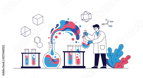 Scientist in a lab coat conducting a colorful chemical experiment with bubbling liquids and scientific beakers