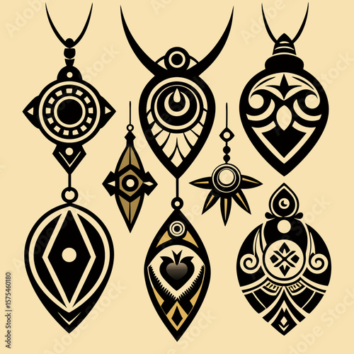 Black tribal pendants and necklaces adornment vector