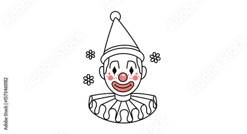 Joyful clown character with red cheeks and fluffy collar amidst falling snowflakes bringing merriment and delight to all spectators