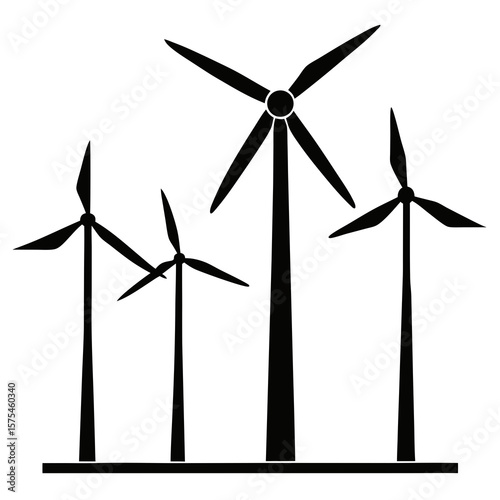 Black wind turbines with rotating blades silhouettes