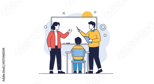 Two educators instructing a student at a whiteboard with abstract shapes and a sun symbol illustrating a learning environment