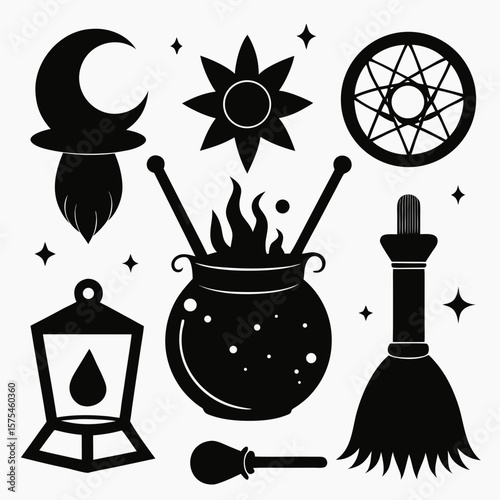 Black witchcraft symbols crescent moon cauldron broomstick lantern pentagram