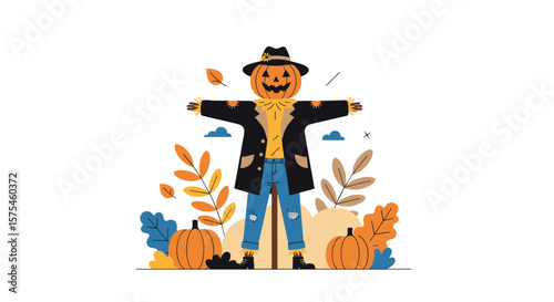 Spooky scarecrow standing proudly amidst autumn leaves and pumpkins ready for halloween celebrations