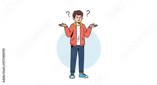 Young man with question marks above his head shrugging his shoulders indicating confusion and uncertainty about a decision or situation