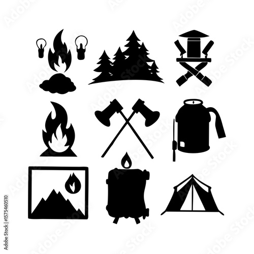 Camping Tent Fire Axe Lantern Backpack and Sleeping Bag vector