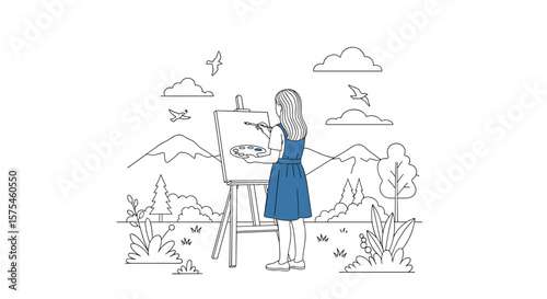 A young woman in a blue dress enjoying a breezy day surrounded by delicate floral elements and musical notes