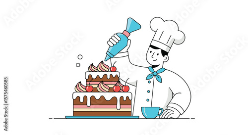 Skilled chef expertly decorates delicious tiered chocolate cake with cream frosting using piping bag and fresh berries for a special celebration event