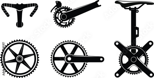Collection of black silhouette bicycle parts including handlebars crankset and saddle