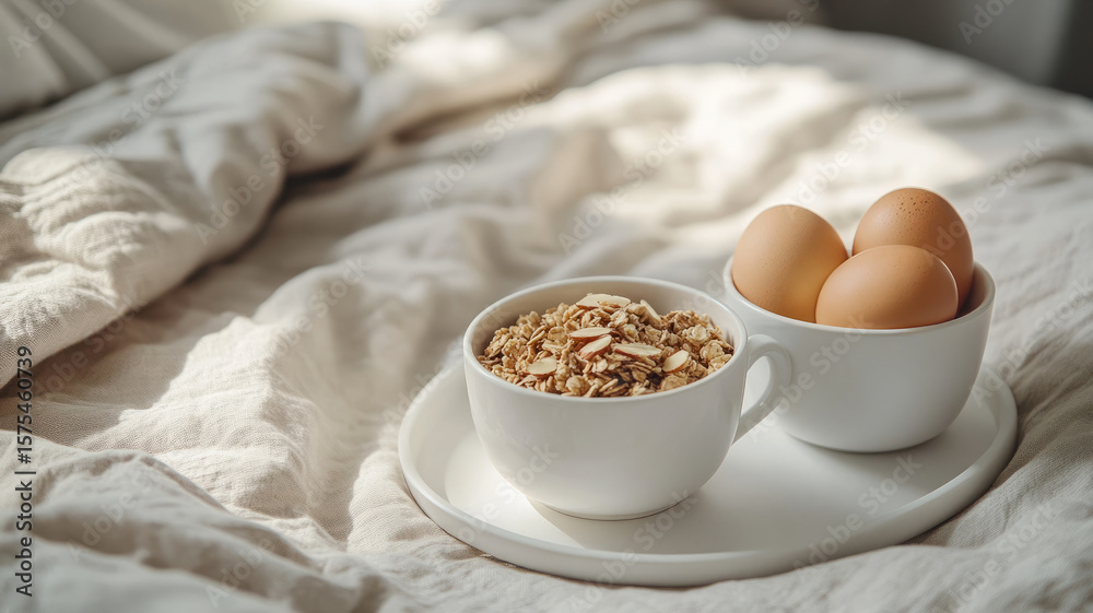 Fototapeta premium Breakfast with eggs and cereal on a cozy bed with natural light.