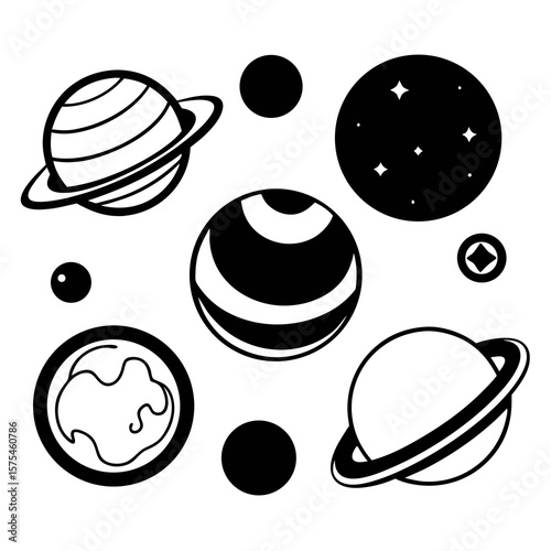 Celestial bodies cosmic spheres and orbiting rings planets moons