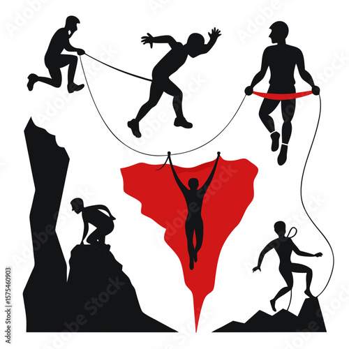 Climbing silhouettes red cape ropes cliff edge rock climbing mountaineering