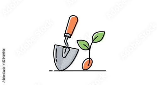 Gardening tools and a young plant sprout symbolizing growth and cultivation of new life