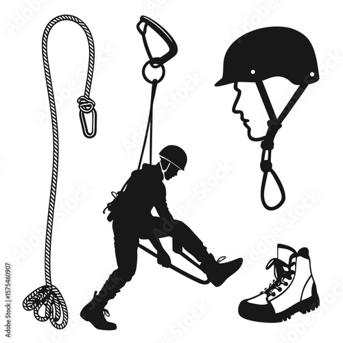 Climbing gear silhouettes rope carabiner helmet climber boot vector