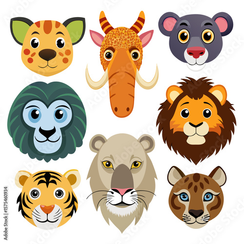 Cartoon jungle animal faces lion tiger