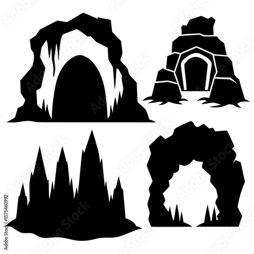 Cave entrances and tunnels silhouettes rock opening