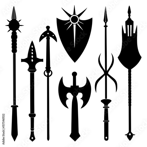 Collection of black medieval weapon silhouettes on white medieval weapons sword