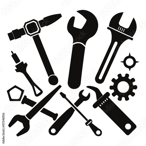 Collection of black mechanical tools and gear on white wrench hammer