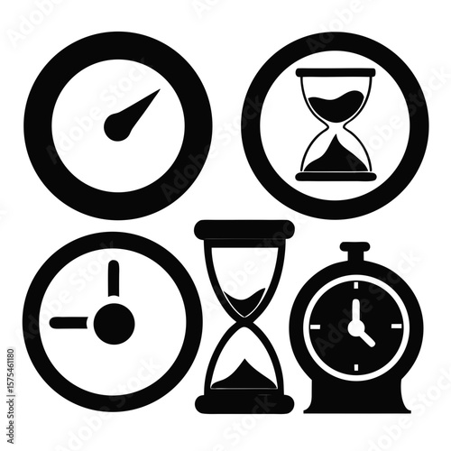 Collection of black timekeeping device icons clock stopwatch