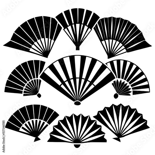 Collection of black traditional fans on white background asian african