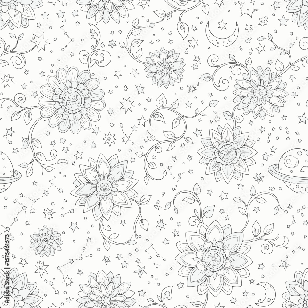 Obraz premium Intricate floral illustration featuring cosmos, constellations, and planets, creating a sophisticated and elegant repeating pattern. Ideal for backgrounds, textiles, or designs.