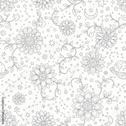 Intricate floral illustration featuring cosmos, constellations, and planets, creating a sophisticated and elegant repeating pattern. Ideal for backgrounds, textiles, or designs.