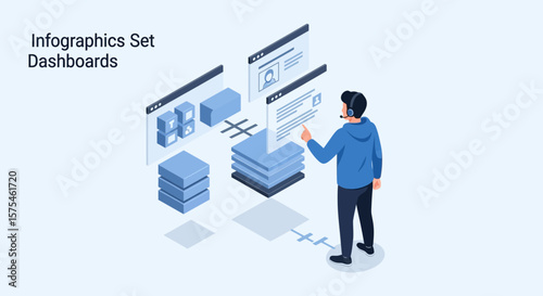 Isometric Illustration Of Customer Service Specialist Analyzing Digital Data
