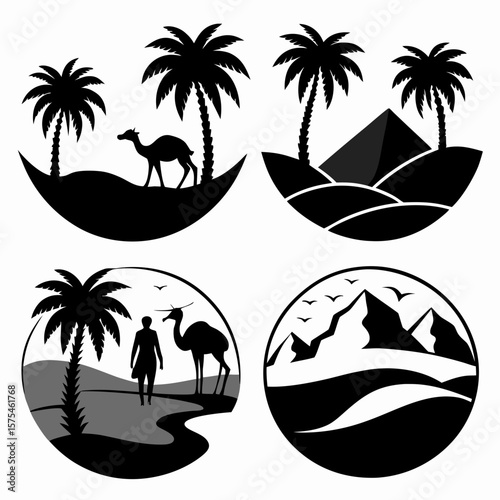 Desert oasis camel pyramids mountains birds palm trees vector