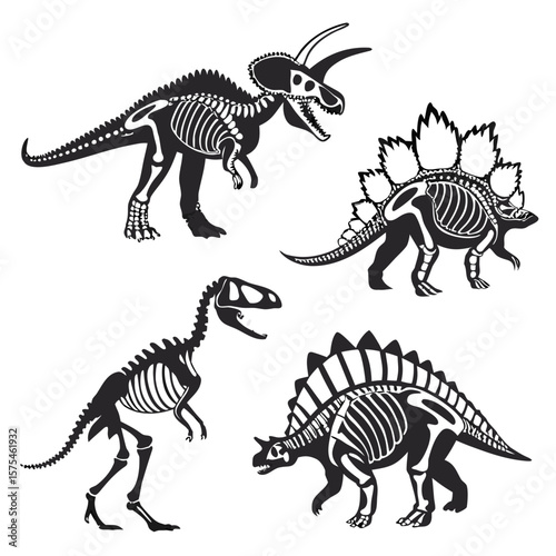 Dinosaur skeletons collection on white background prehistoric animals ancient creatures